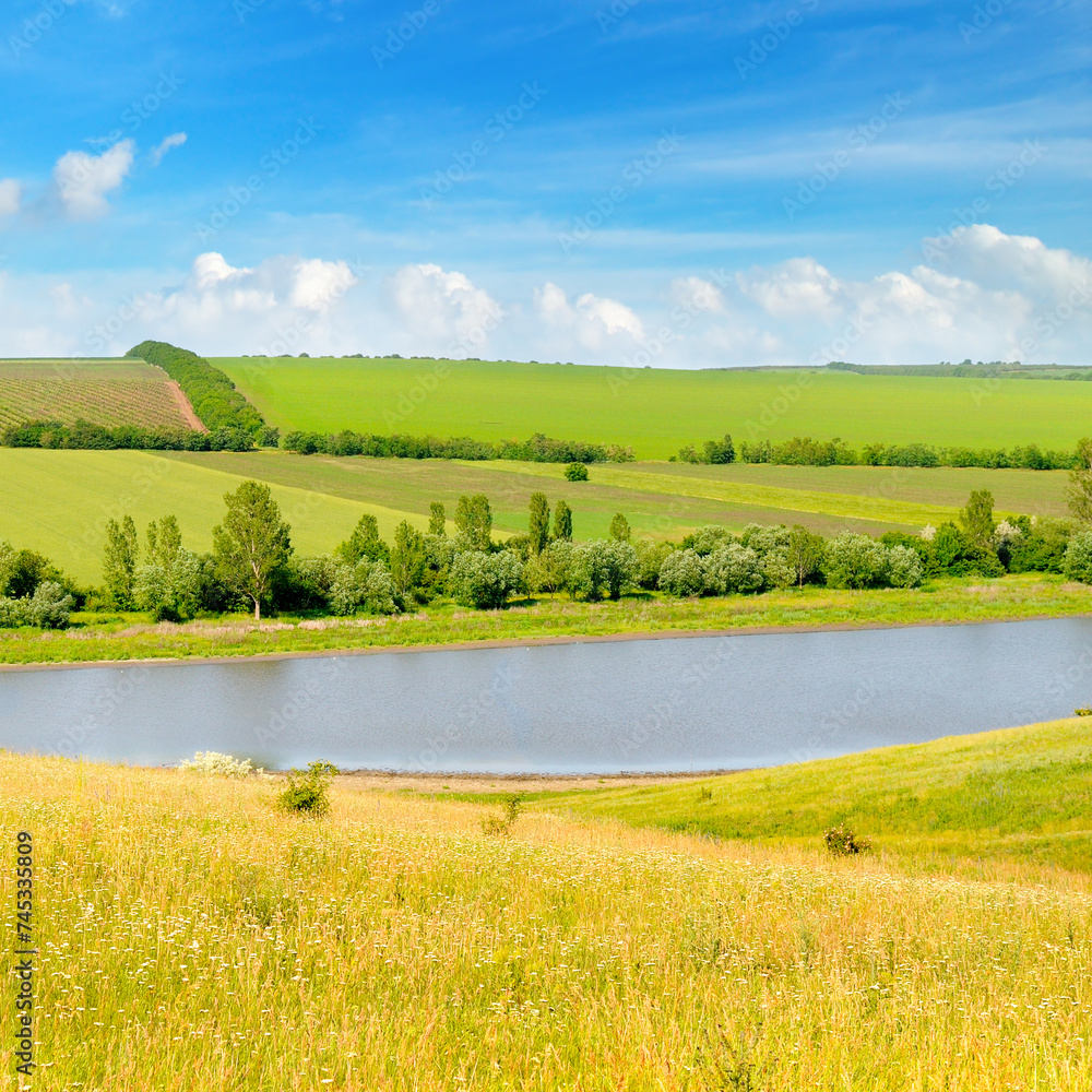 Fototapeta premium Agricultural field, meadow, lake and bright sky.