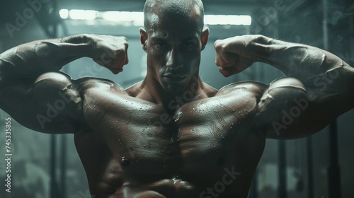 intense bodybuilder displaying his impressive physique while flexing muscles against a dramatic background