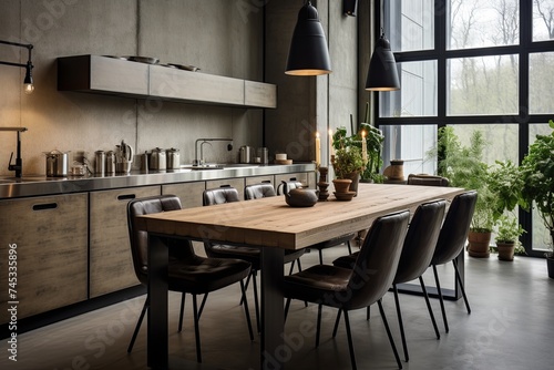 Industrial Loft Kitchen: Concrete Walls, Wooden Dining Table, Leather Chairs Inspiration