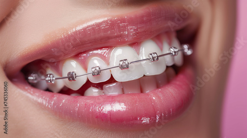 Close Up of Smiling Woman's Mouth with Healthy, Beautiful, White Teeth with Braces. Concept of Dental Orthodontic Clinic. 