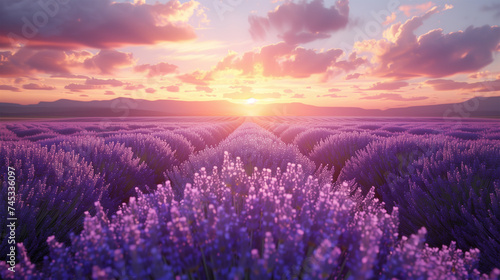 Landscape of Serene Sunset Over Lavender Meadow  Nature s Beauty Herbal Field.