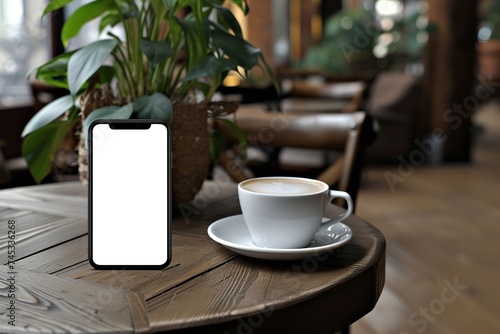 Mockup, smartphone with blank screen with copy space. On a table in a cozy cafe. White blank screen for text. Design and advertising of mobile applications. Online Marketing. Banner