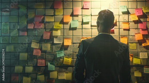 businessman surrounded by post it notes on wall, fostering a culture of innovation and teamwork in the workplace