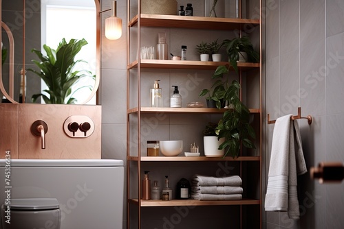 Rose Gold Oasis: Modern Apartment Bathroom with Wooden Shelving and Cozy Lighting