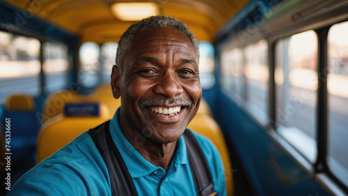 Smiling black male bus driver.