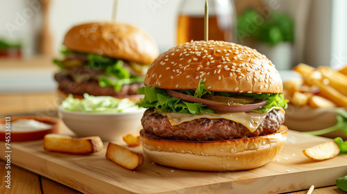 Cheese burger - American cheese burger with fresh salad on wooden board