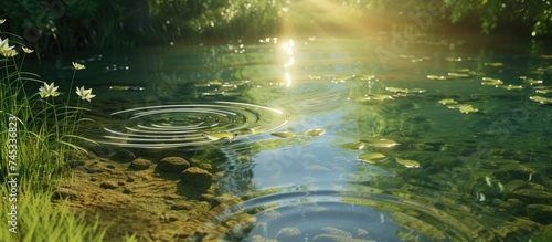 A pond with water lilies and grass in the foreground, illuminated by sunlight creating ripples on the water and reflecting the surroundings. photo