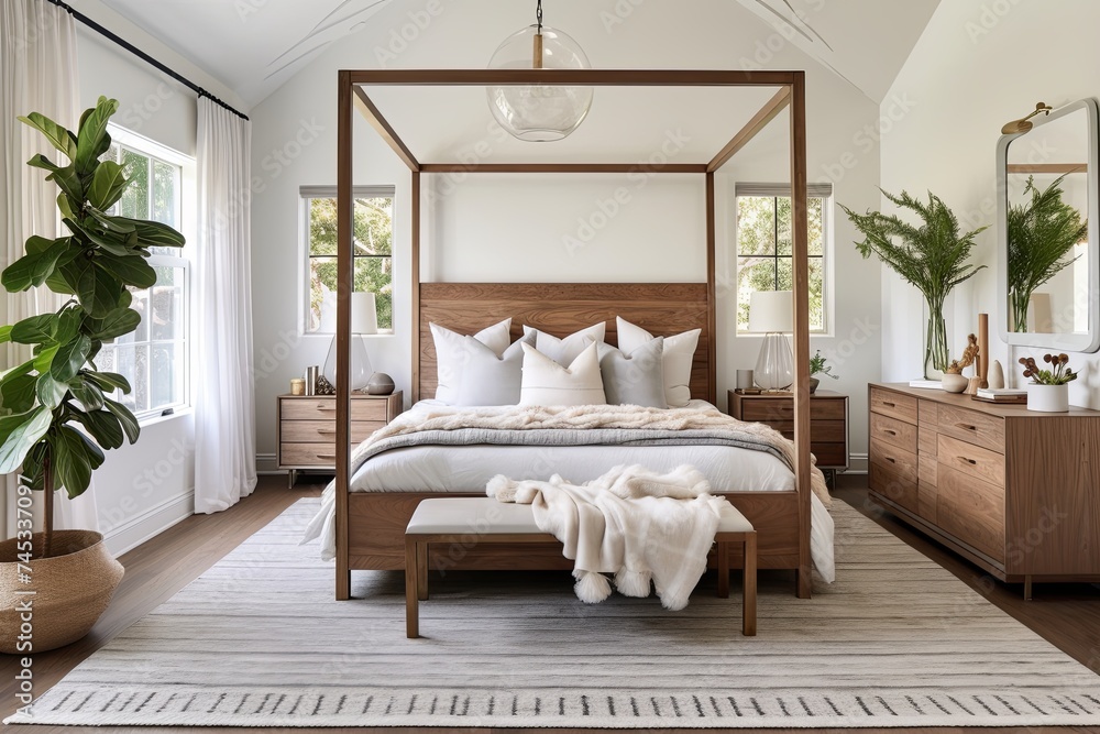 Chic Scandinavian Design: Modern Bedroom with Canopy Bed, Wood Decor, and Rug Chic Scandinavian Design: Modern Bedroom with Canopy Bed, Wood Decor, and Rug