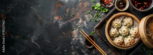 delicious gyoza dumplings in bamboo steamer with soy sauce and chili oil text space banner photo