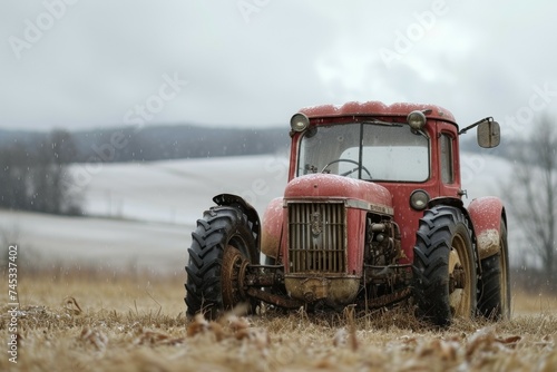 Tractor in the field. Background with selective focus and copy space