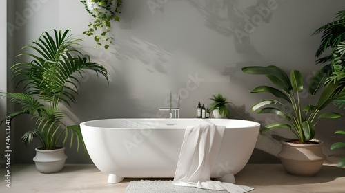 A minimalist bathroom interior with a luxurious white bathtub and strategically placed green plants  creating a harmonious and calming atmosphere.