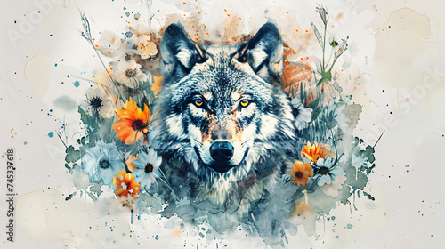 A watercolour wolf artwork in flowers in the style 