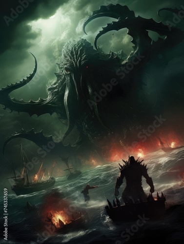 Dark fantasy scene showing Cthulhu the giant sea monster destroying ships