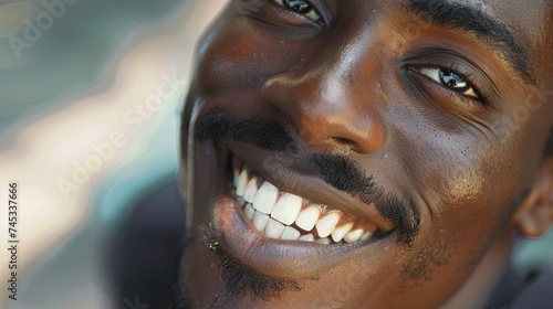 Teeth whitening advertisement, African man with a snow-white smile