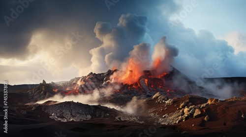 Daytime volcanic eruption on Reykjanes peninsula. Lava shoots