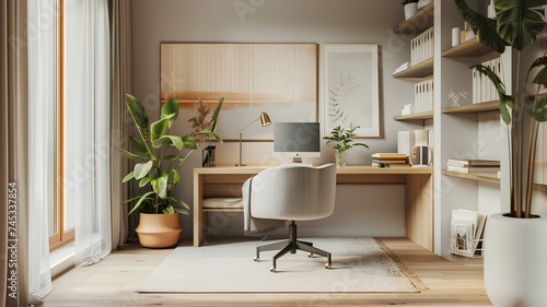 A minimalist office with a touch of Scandinavian design  featuring a simple yet elegant desk  muted color palette  and cozy textiles for added comfort.