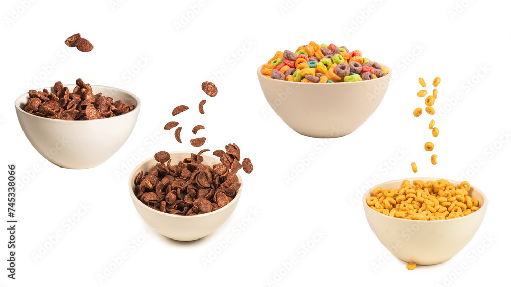 Chocolate corn flakes falling to the white bowl isolated on white. Motion. Chocolate corn flakes falling to the white bowl isolated on white. Motion.