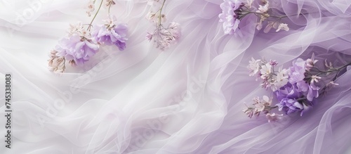 Obraz na płótnie This close up showcases a lavender dress adorned with intricate, colorful flowers. The purple wedding dress features delicate details on white mesh tulle, creating an aesthetic background for the w salonie
