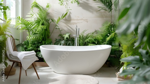 A modern and refreshing bathroom design featuring a white bathtub and the addition of green plants  creating a harmonious and inviting atmosphere.