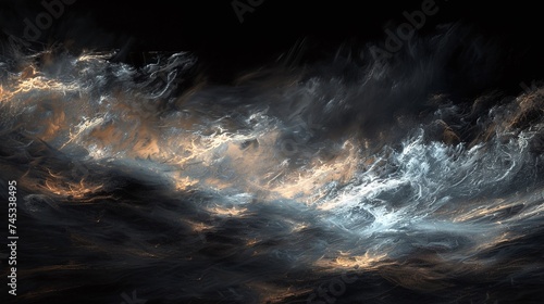 ominous thunder strike on black background, dramatic atmosphere with lightning flash