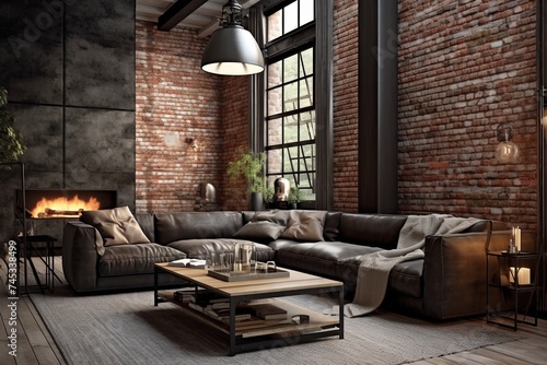 Urban Chic Loft: Exposed Brick Wall Interiors with Industrial Lighting and Leather Sofa