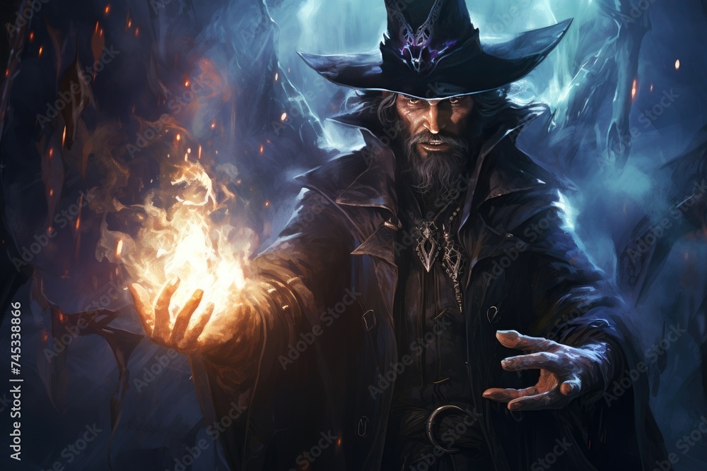 evil sorcerer casting a spell to release the black - obrazy, fototapety, plakaty 