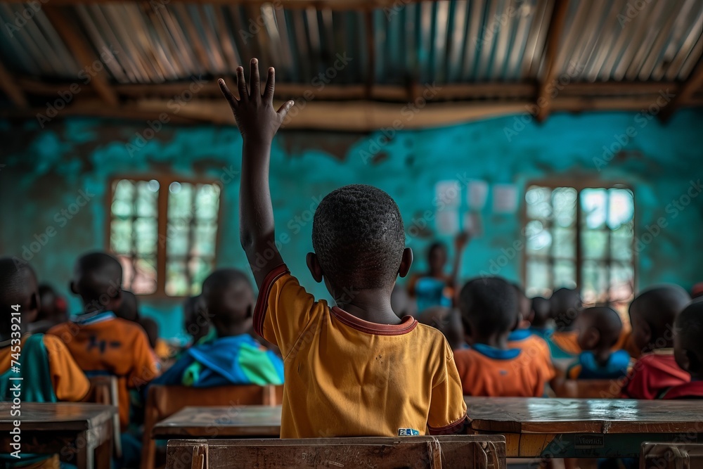 An African student raising his hand to answer a question or asking a question in a school in Africa
 - obrazy, fototapety, plakaty 