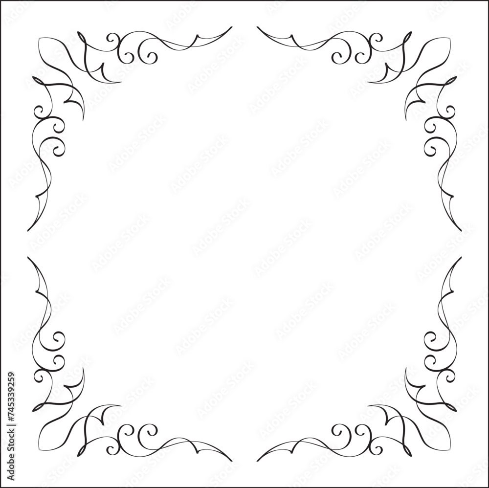 Elegant black and white ornamental frame, sharp corners, decorative border, corners for greeting cards, banners, business cards, invitations, menus. Isolated vector illustration.	