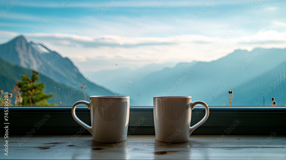 Two light cups of tea in hands against a background of beautiful green mountains Two light cups of tea in hands against a background of beautiful green mountains