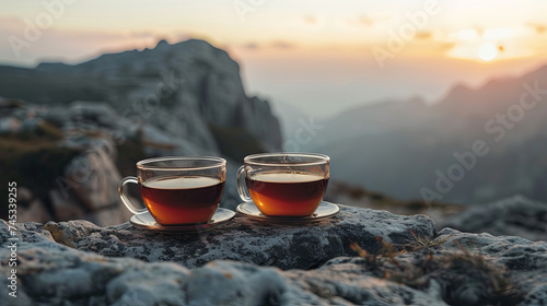 Two transparent cups of tea in hands against a background of beautiful mountains