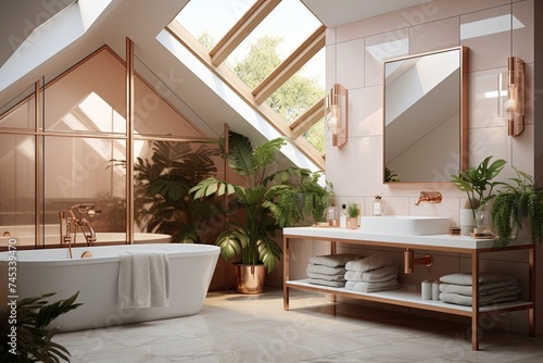 Modern Villa Bathroom with Rose Gold Accents  White Tiles  Cozy Ambiance  and Green Plants