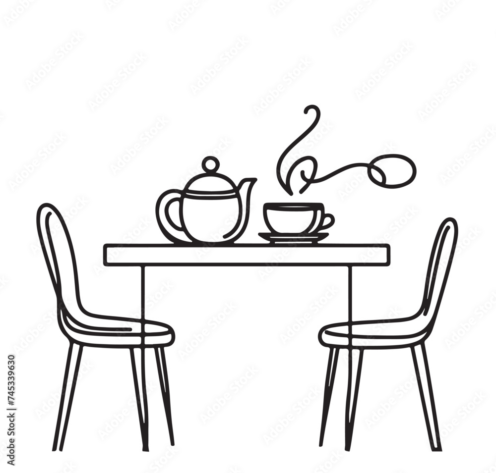 Furniture in cafe. Cup of coffee, tea on table. Lineart Furniture in cafe. Cup of coffee, tea on table. Lineart