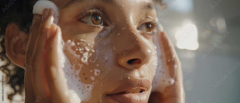 Close-up of a young woman cleansing her face, the suds highlighting her skincare routine's gentle purity - obrazy, fototapety, plakaty 