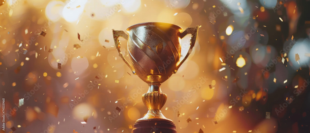 A trophy sparkles amidst a shower of golden confetti, symbolizing victory and the celebratory climax of success A trophy sparkles amidst a shower of golden confetti, symbolizing victory and the celebratory climax of success