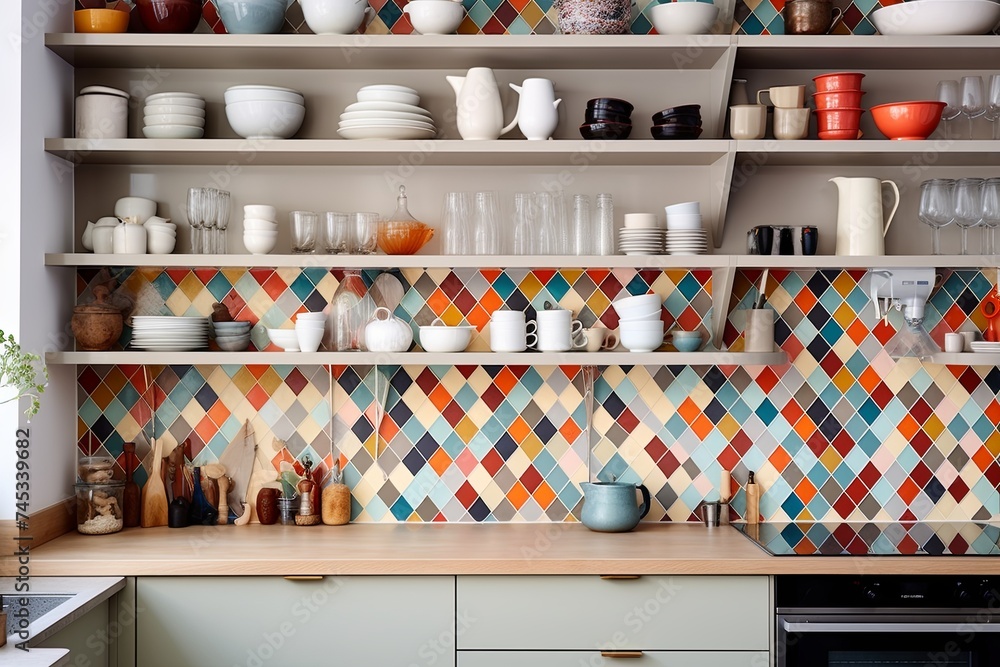 Nordic Style Mosaic Tile Backsplash Kitchen Designs: Colorful Textiles, Open Shelving & Chic Interiors