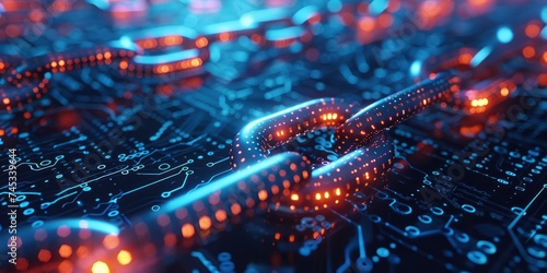 Futuristic Blockchain Concept, PC Circuit Board Chain with CPU on Blue Background © MSTSANTA