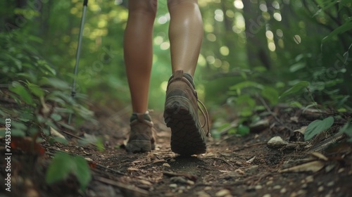 Exploring Nature, Close-Up of Female Hiker Feet Trekking along a Forest Trail, Immersed in the Serenity of the Wilderness © MSTSANTA