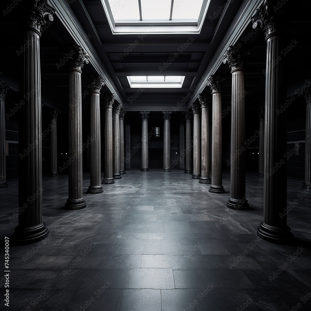 Empty black room hall with columns and stucco on the ceiling, gothic dark ominous style 
