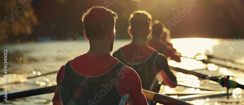 Rowing team in sync at sunrise, the golden light casting a tranquil scene of teamwork and athletic determination © Ai Studio