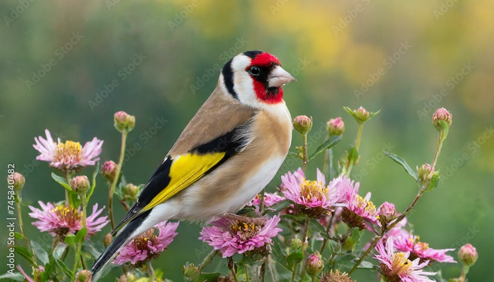 Goldfinch, Carduelis carduelis, songbird on flower Goldfinch, Carduelis carduelis, songbird on flower