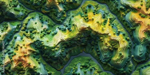 Geographic Relief Map Featuring Contour Trails and Image Grid for Terrain Analysis