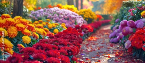 This garden is a vibrant paradise filled with colorful flowers, particularly chrysanthemums. The pathways are lined with beautiful blooms, creating a delightful experience for visitors. © TheWaterMeloonProjec