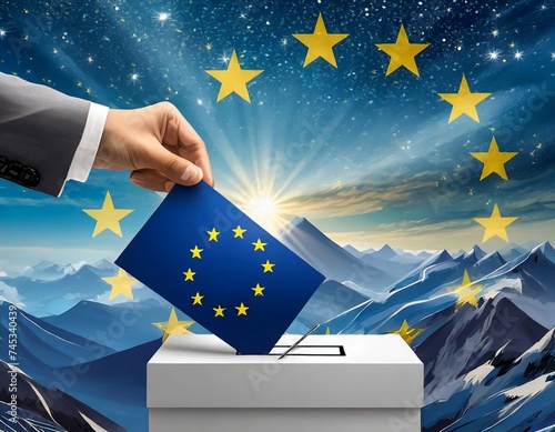 European Union elections concept Eu ue flag hand dropping ballot card into a box voting colors and stars and paper vote