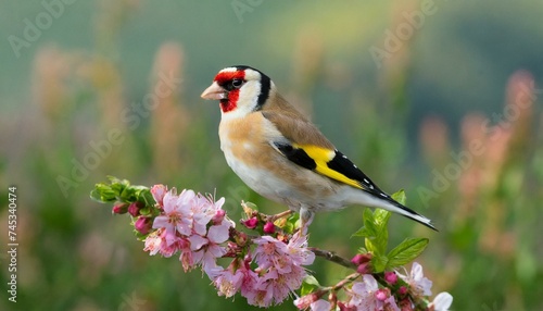 Goldfinch, Carduelis carduelis, songbird on flower