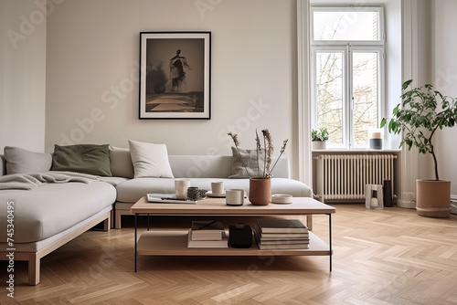 Nordic Living Area  Herringbone Wooden Floor Minimalism with Wooden Coffee Table and Rug