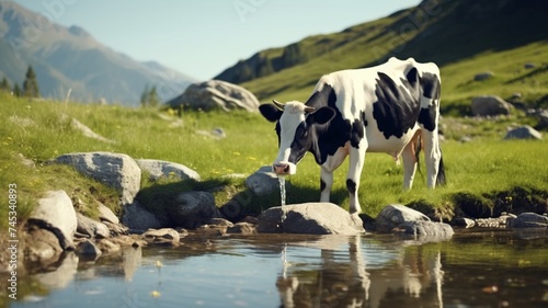 A Cow is drinking water Generated AI photo