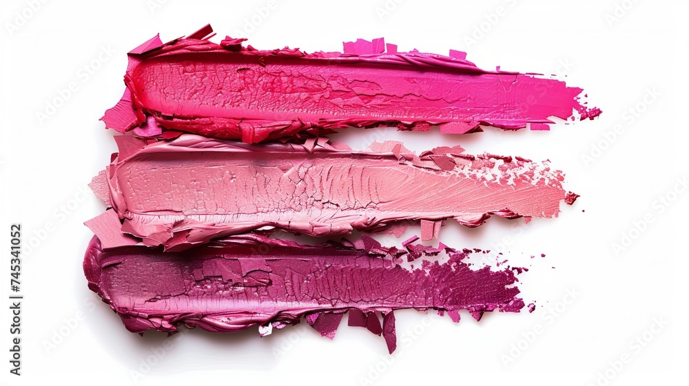 Lipstick texture composition in a range, isolated against a white background. Cosmetic item swatch, smear, and smudge