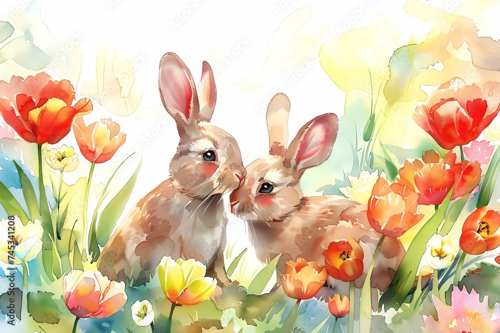 Two rabbits among spring tulips. Spring, springtime holiday. Easter celebration concept. Cute bunny character. Watercolor illustration for invitation, greeting card 