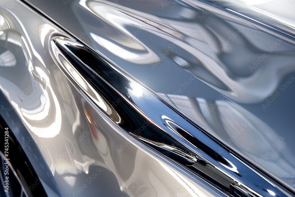 close up of a shiny reflective silver car