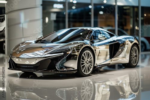 expensive silver car in a display room